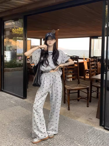 Lazy style suit for women in summer, bow print, loose short-sleeved T-shirt, high-waisted wide-leg pants, casual pants two-piece set