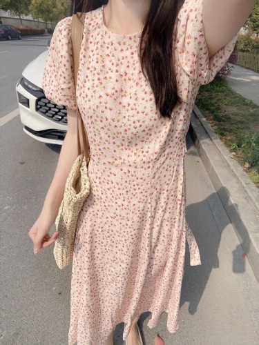 French gentle style floral dress for women summer 2024 new style small advanced waist slimming long skirt