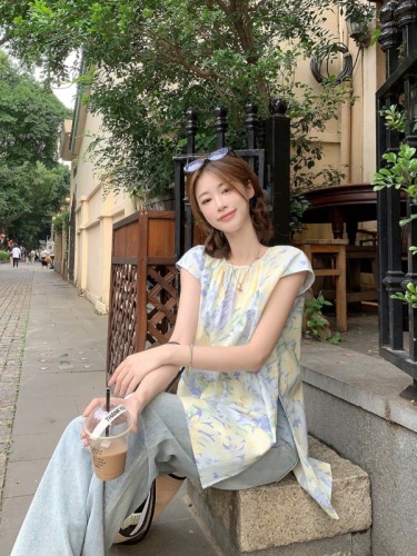 Actual shot~ Summer fresh blue floral sleeveless dress for women Korean style layered and atmospheric outfit