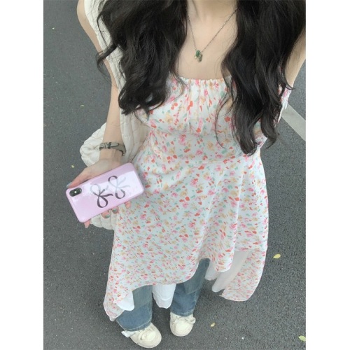 Holiday style floral suspender dress women's early spring sweet waisted irregular A-line skirt long skirt