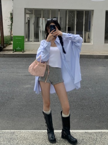 Actual shot 9326+9317#White versatile suspender striped vacation casual sunscreen lazy style Korean style loose shirt