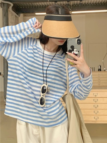 Real shot summer loose casual versatile striped long-sleeved sun protection T-shirt