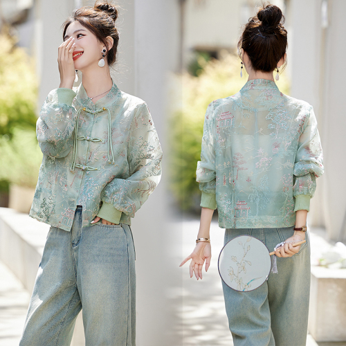 New Chinese style national style jacket for women in spring and summer for small people, retro embroidered jacquard thin sun protection jacket, short top