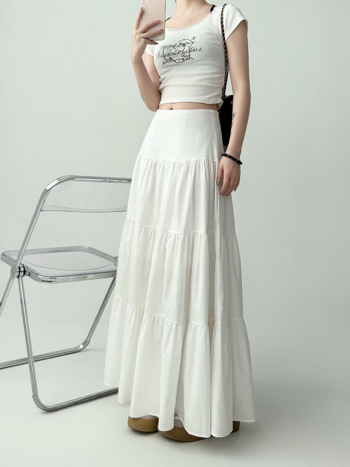 Gentle wind cake white skirt for women 2024 spring and summer new large swing umbrella skirt high waist slimming mid-length skirt