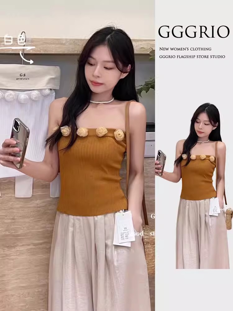 GS French style sweet and spicy three-dimensional flowers unique and unique tube top for women summer new slim hot girl knitted top