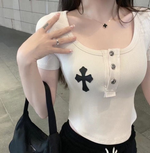 Real summer new women's clothing socialite Fan Chunyu big round neck short-sleeved waist T-shirt ins versatile white top