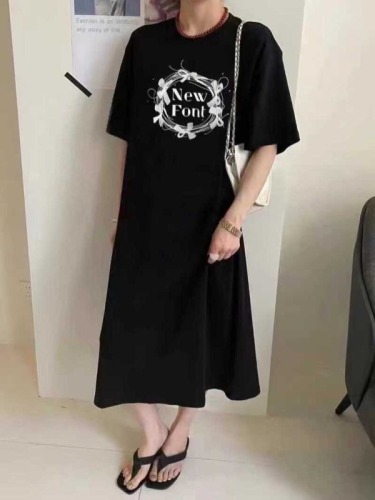 Imitation cotton milk silk#Spring and autumn Korean loose plus size dress women's short-sleeved long over-the-knee long skirt summer