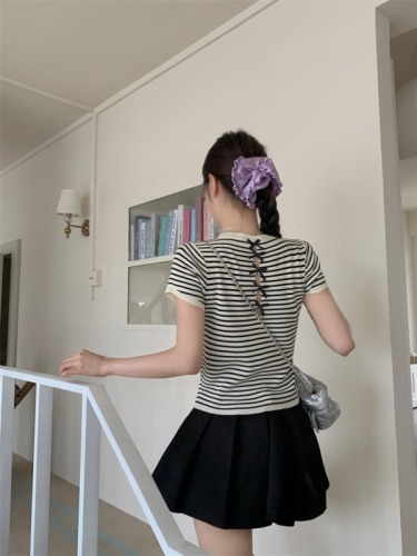 实拍 新款韩版条纹蝴蝶结设计感后背镂空针织短袖T恤上衣