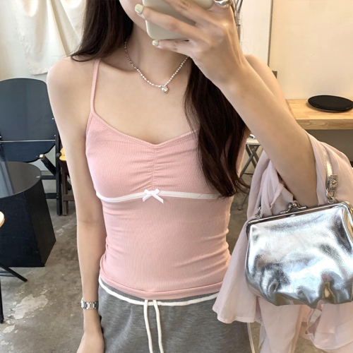 Real photos of Thai-style low-neck threaded sleeveless sling for women in summer 2024 new style bow with contrasting color split inner wear