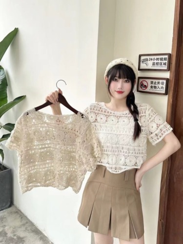 Hook pattern hollow short lace blouse western style top for women 2024 summer short-sleeved suspender top pullover doll shirt