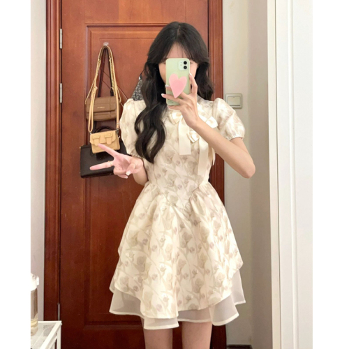 New Chinese style waist slimming tutu skirt for women 2024 summer new design puff sleeve floral dress college