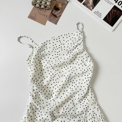 French white polka dot suspender dress for women summer new seaside vacation small waist long dress