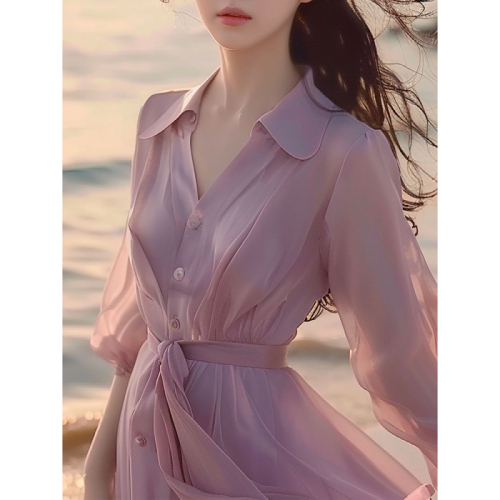 Purple shirt dress women's summer new seaside resort style elegant lady gentle and beautiful chiffon skirt