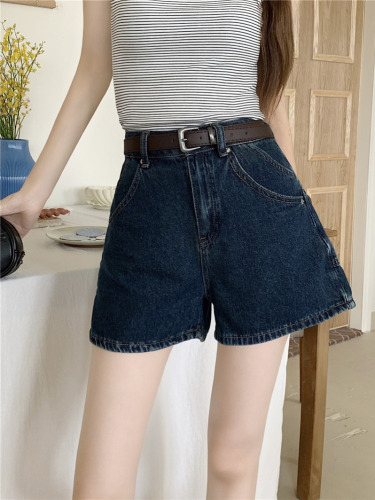 Actual shot~New design high-waisted slimming and versatile loose denim A-line shorts for women