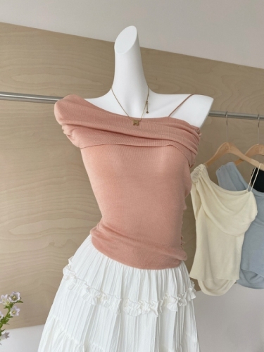 Actual shot ~ 2024 new summer style solid color off-shoulder suspender top for women pure lust style slim knitted ice silk thin