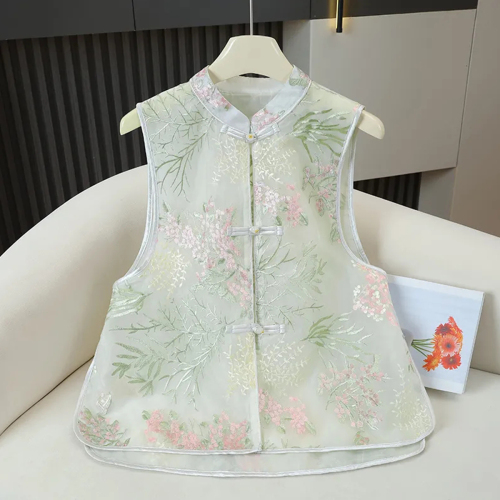 Quality Inspection Officer Picture 2024 Summer Refreshing Embroidered Vest Top Luxurious Short New Chinese Style Stand Collar Sleeveless Jacket