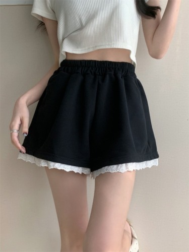 Real shot, real summer new high-waisted loose spliced ​​lace casual slimming shorts