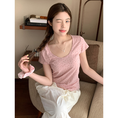Actual shot of 2024 summer u-neck short-sleeved linen cotton micro-transparent T-shirt for women Korean version ins floral comfortable slimming bottoming top
