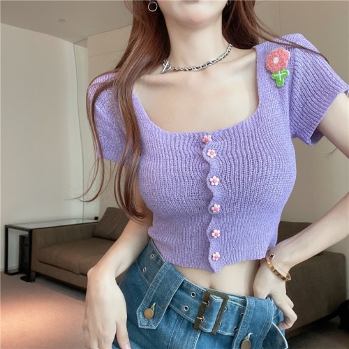 Tmall quality knitted square neck short-sleeved t-shirt design sense summer pure desire sweet hottie sexy short top