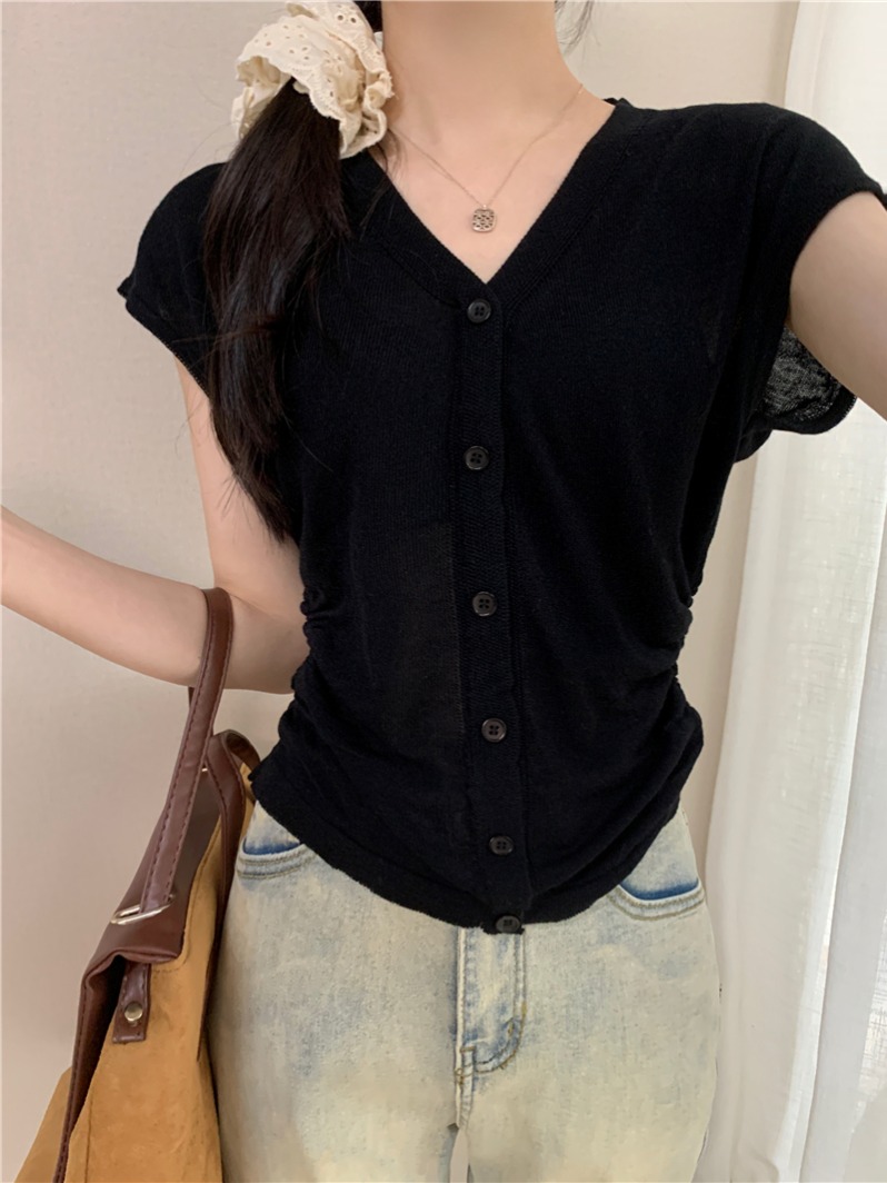 實拍  真  夏季新款收腰V領短袖針織衫修身上衣女