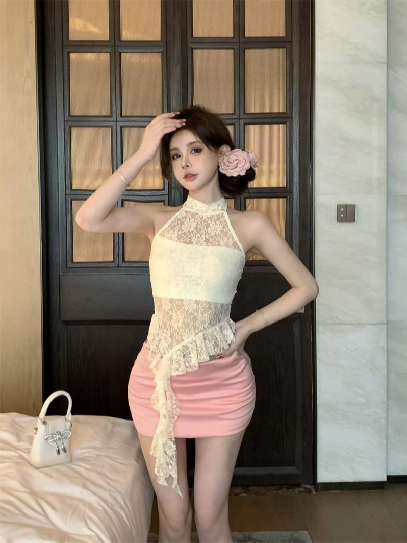 Real shot! Sweet and fresh girl's lace strapless vest with bow tie, flounce skirt, slimming and spicy top 