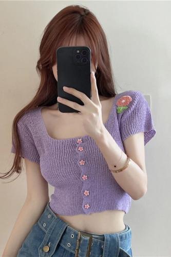 Tmall quality knitted square neck short-sleeved t-shirt design sense summer pure desire sweet hottie sexy short top