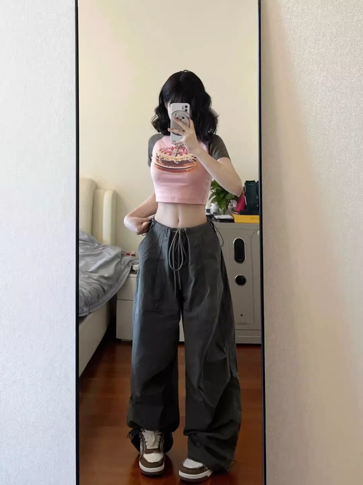 American high street hiphop overalls for women, new summer pleated parachute pants, slim and drapey wide-leg floor-length pants