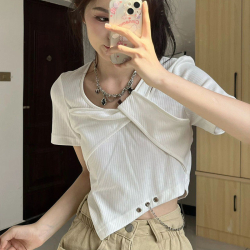 2024 New Summer Irregular Niche Design Slim Hot Girl Short Top White Short Sleeve T-shirt Women's Trendy