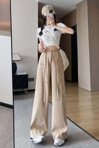 Butterfly embroidered workwear wide-leg pants for women in summer for small people, high-waisted casual straight pants, drapey floor-length trousers