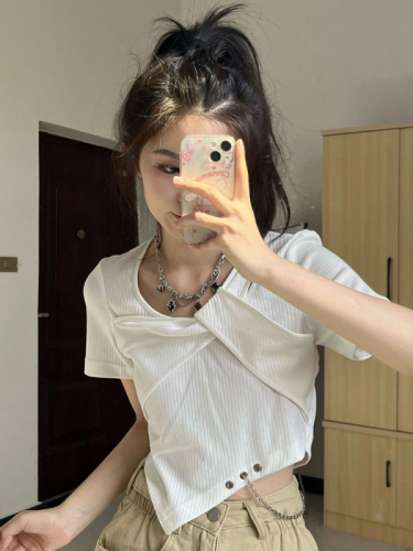 2024 New Summer Irregular Niche Design Slim Hot Girl Short Top White Short Sleeve T-shirt Women's Trendy