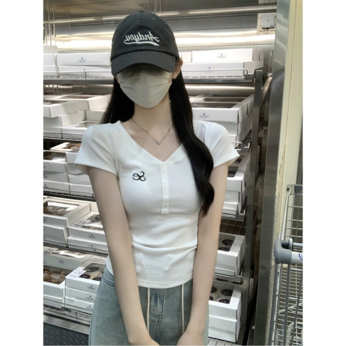 American Hot Girl V-Neck Collarbone Exposed Right Shoulder T-Shirt Women's Versatile Short Sleeve Slimming Short Top
