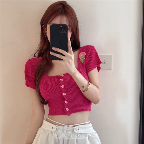 Tmall quality knitted square neck short-sleeved t-shirt design sense summer pure desire sweet hottie sexy short top