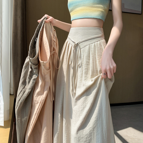 Ice silk cotton and linen fluttering wide-leg trousers for women's summer thin style new high-waist drape lazy style casual long culottes