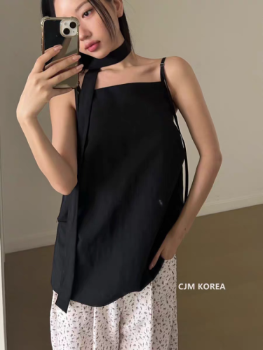 Korea 24 New Summer Clothes New Loose Pinch-pleated Square Neck Camisole with Scarf