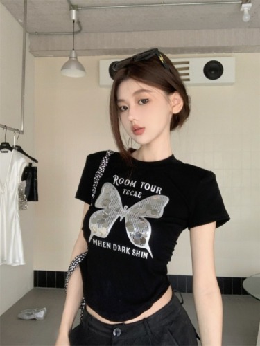实拍新款韩版小众独特别致亮片蝴蝶字母印花短袖T恤上衣