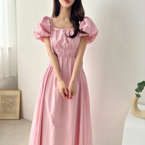 chic summer French style sweet square neck bow pleated waist puff sleeves gentle and fashionable dress