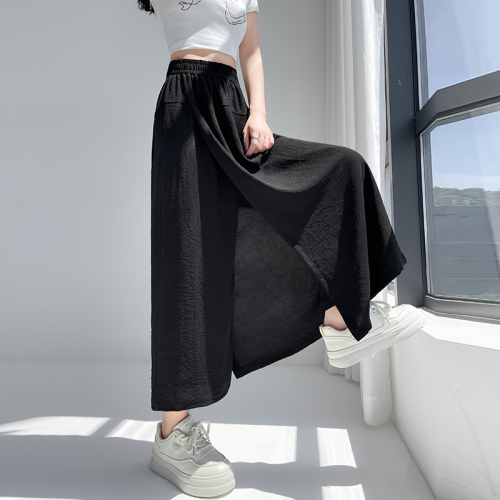 Real shot of ice silk cotton and linen culottes for women 2024 summer straight casual wide leg eight-quarter pants loose slimming skirt