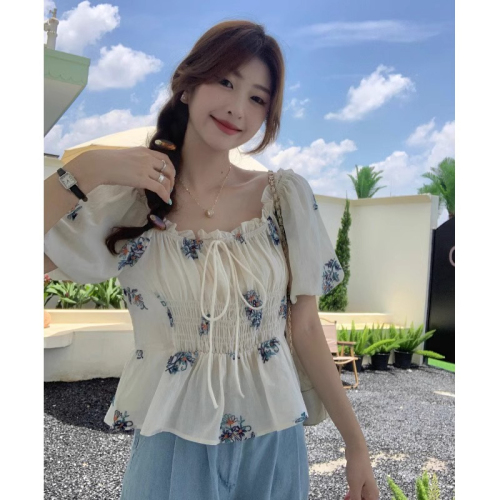 Original workmanship large size floral T-shirt puff sleeve top for women summer fat MM short-sleeved age-reducing chic French shirt