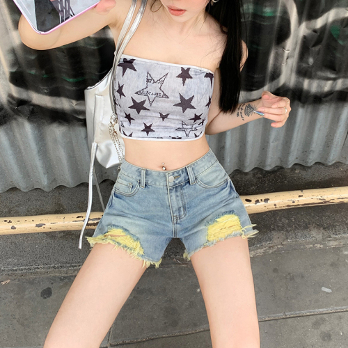 Real shot of summer light-colored ripped denim shorts for women with pear-shaped body, high waist, slimming, versatile A-line hot pants shorts