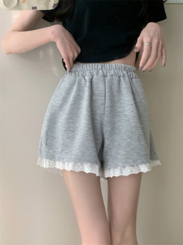 Real shot, real summer new high-waisted loose splicing lace casual slimming shorts for women