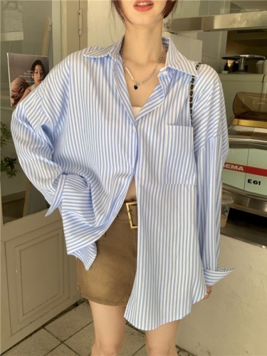 Actual shot of salt-based shirt for women, Korean version, loose, slim, mid-length, striped sunscreen long-sleeved shirt