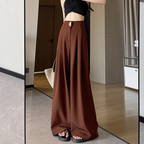 Burgundy wide-leg pants for women, high-waisted, drapey fishbone suit pants, loose slimming casual straight-leg floor-length pants