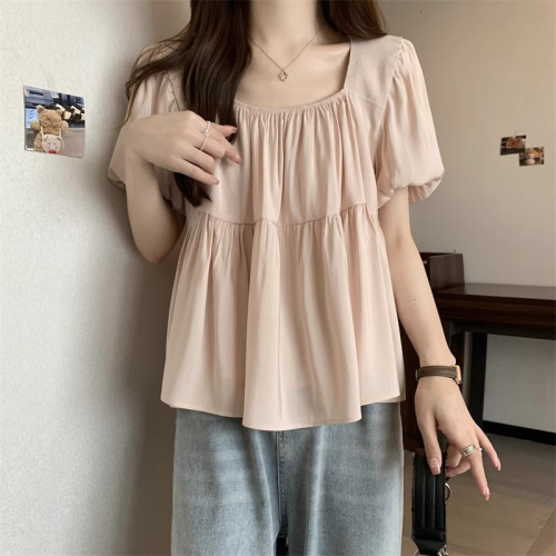 Original workmanship, large size, French square collar, short-sleeved women's summer fat mm, belly-covering, slimming, sweet puff-sleeved short top