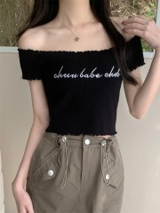 實拍 真 夏季新款字母刺繡一字領木耳邊針織衫T恤女