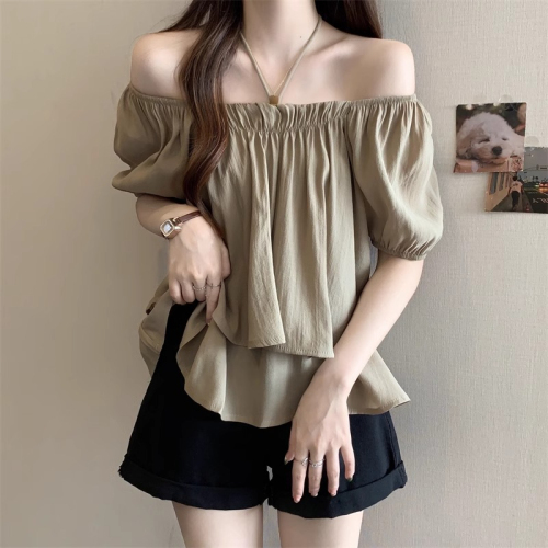 Original workmanship bubble short-sleeved women's summer plus size fat mm slimming belly-covering French halter neck one-shoulder top