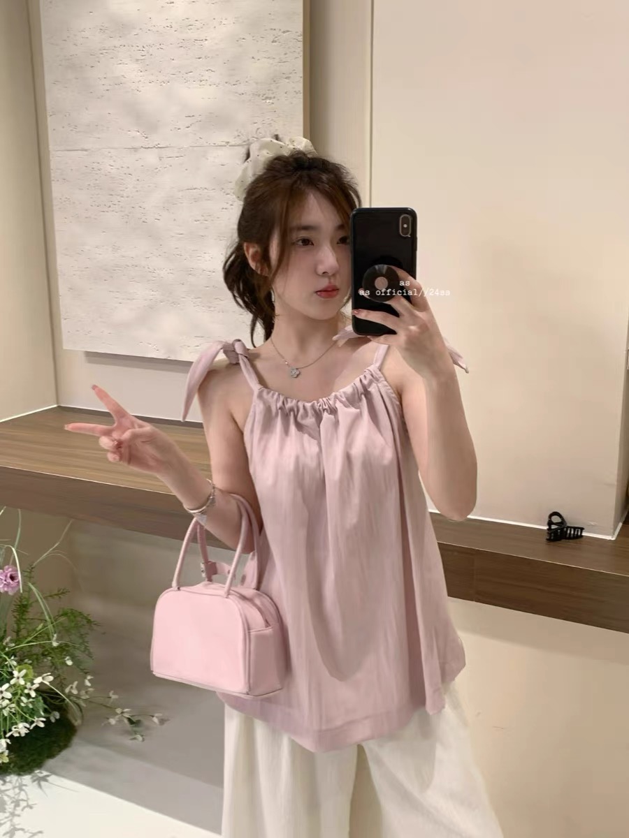 AS OFFICIAL2024十三行夏季新款韓韓的少女感！綁帶掛脖背心小衫
