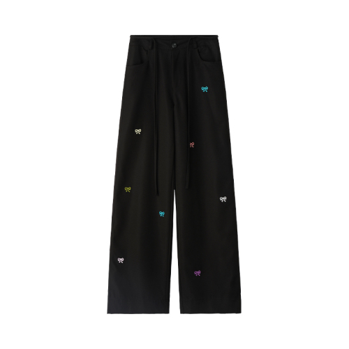 Butterfly embroidered workwear wide-leg pants for women in summer for small people, high-waisted casual straight pants, drapey floor-length trousers