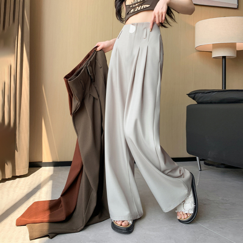 Burgundy wide-leg pants for women, high-waisted, drapey fishbone suit pants, loose slimming casual straight-leg floor-length pants