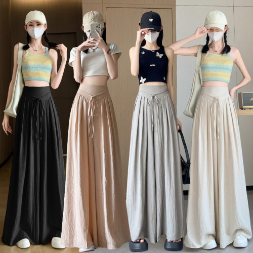 Ice silk cotton and linen fluttering wide-leg trousers for women's summer thin style new high-waist drape lazy style casual long culottes