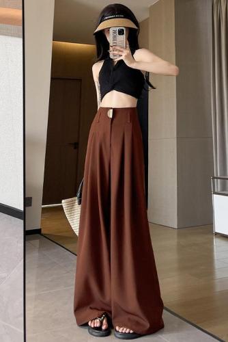 Burgundy wide-leg pants for women, high-waisted, drapey fishbone suit pants, loose slimming casual straight-leg floor-length pants